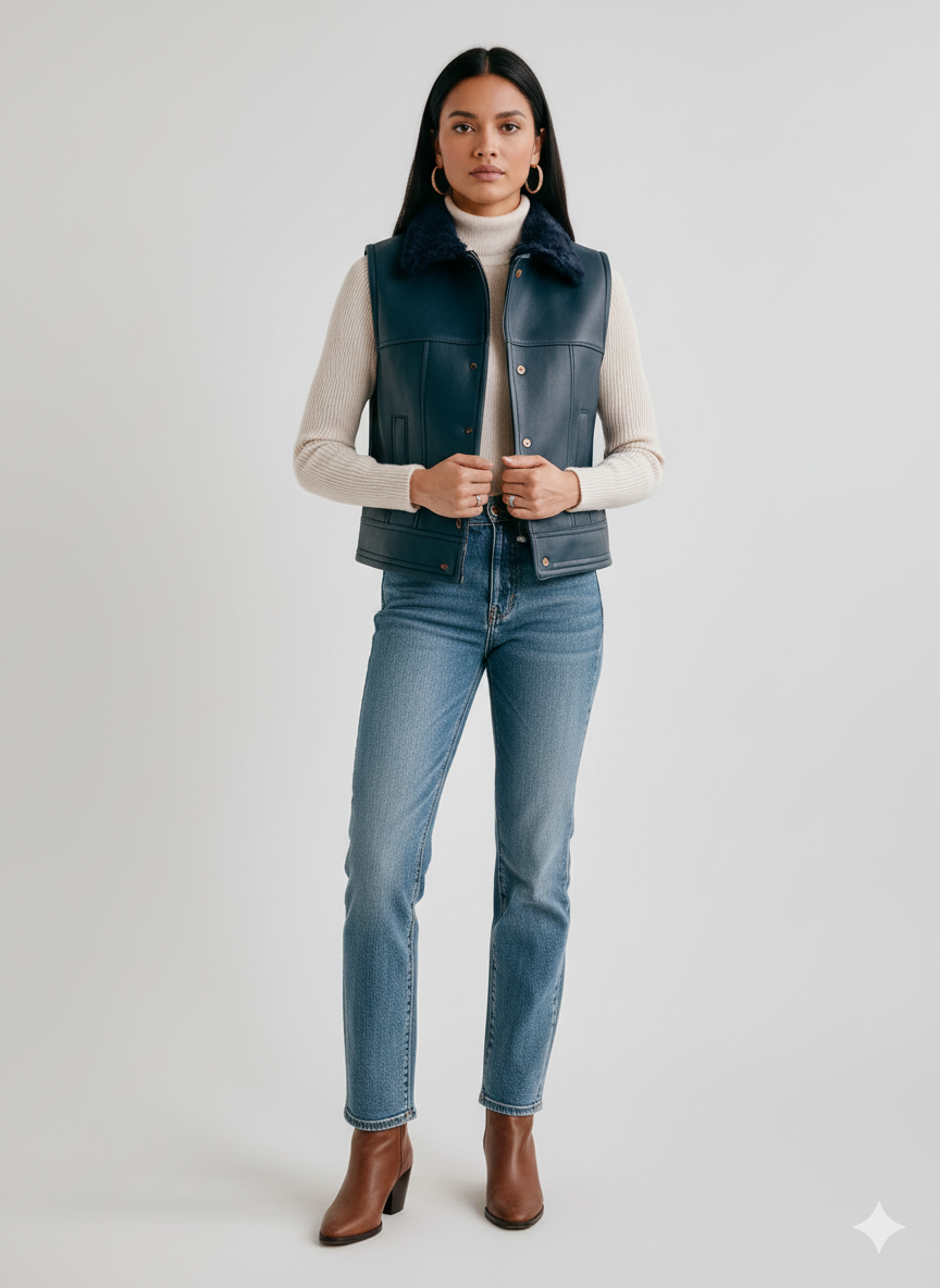 Women's navy blue leather vest featuring a dark navy blue shearling collar and a clean button-front closure.